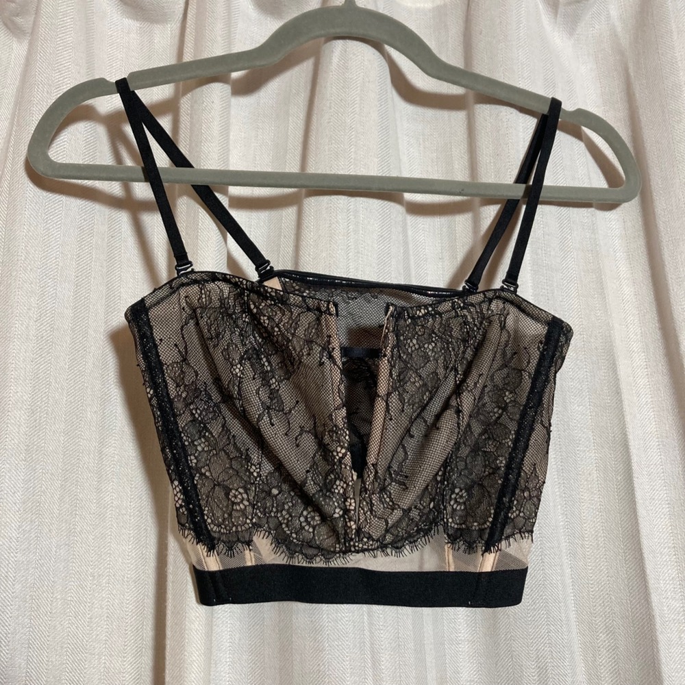 Victoria's Secret Very Sexy‎ Black Lace Unlined Corset Bra Nude Mesh M Strapless
